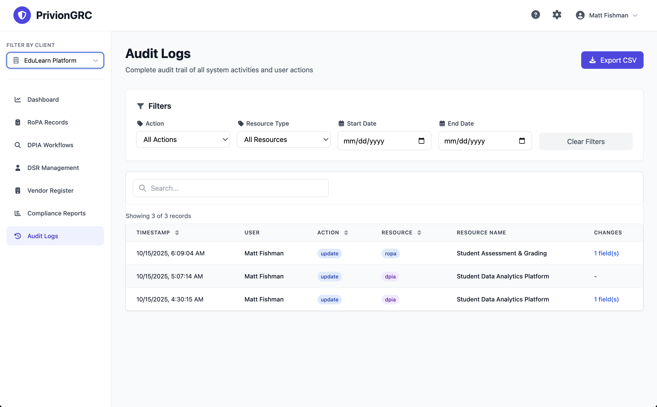 Audit and Compliance Reports Interface