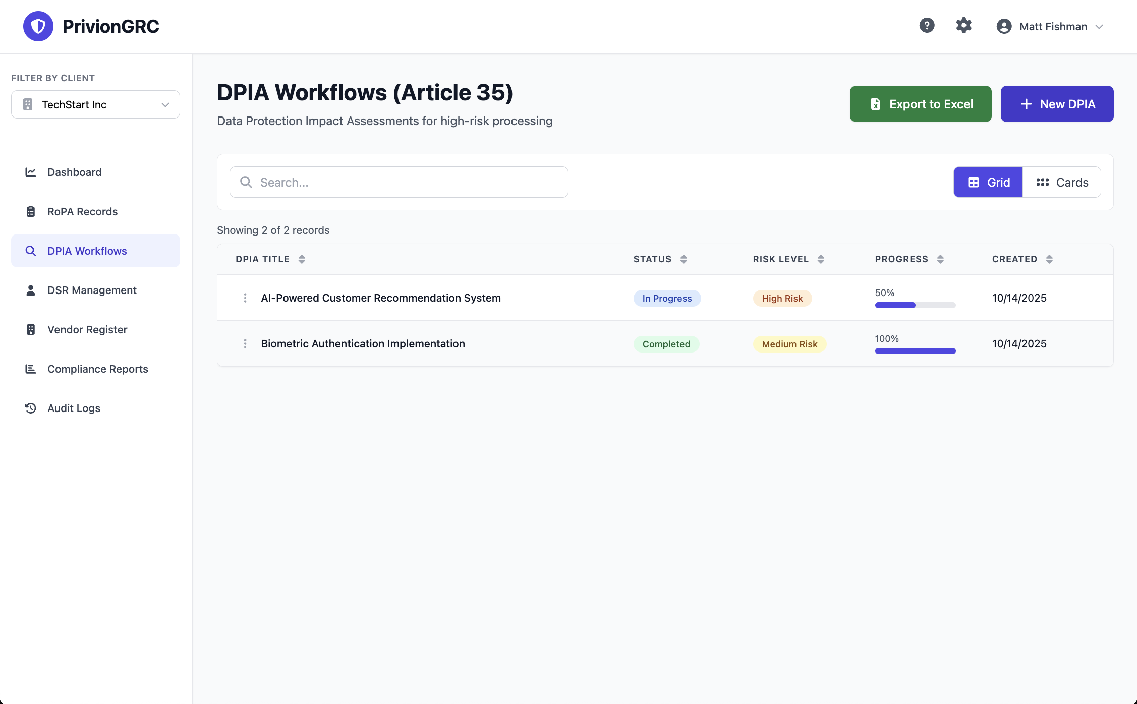 DPIA Workflow Management Interface
