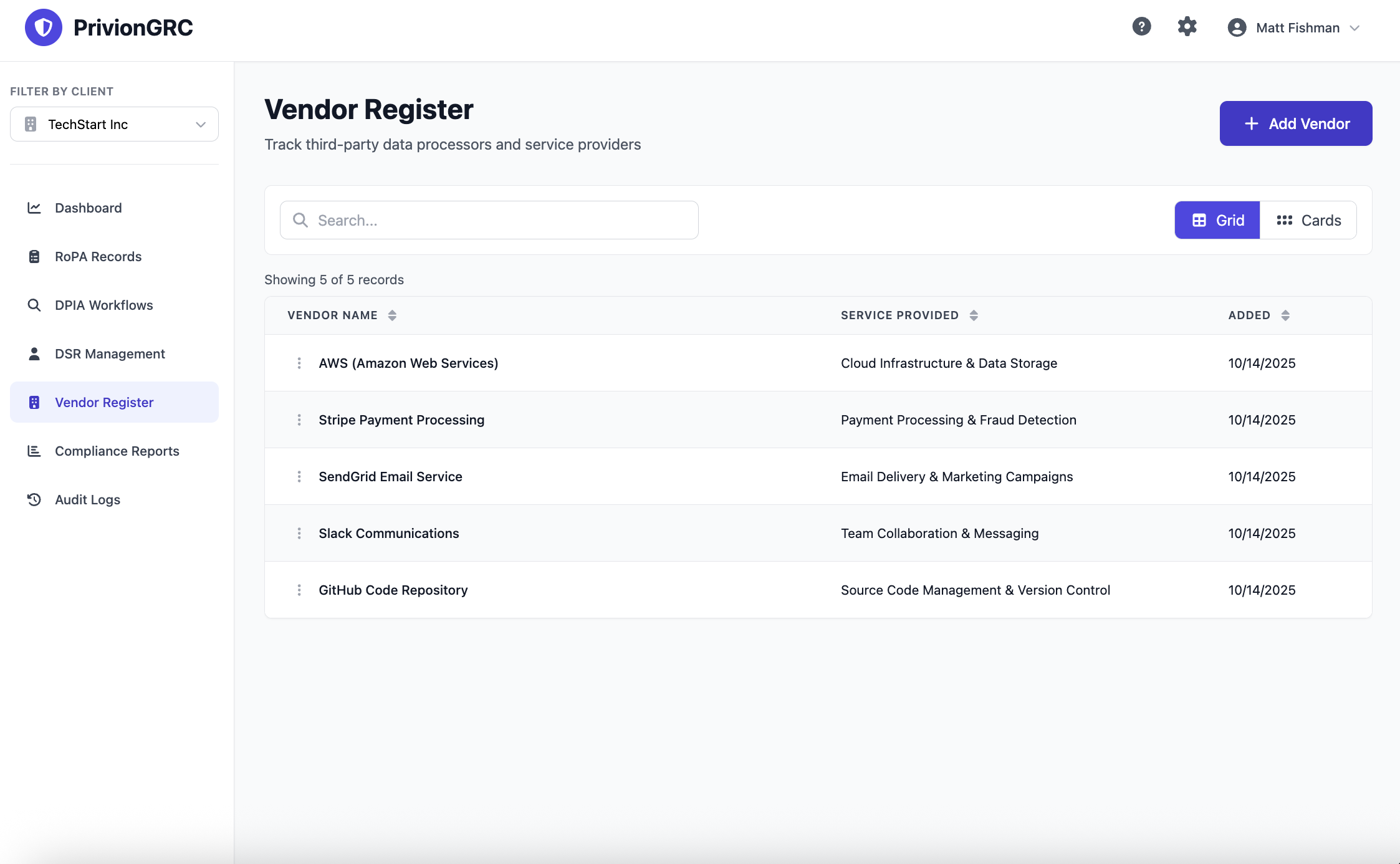 Vendor Management Interface